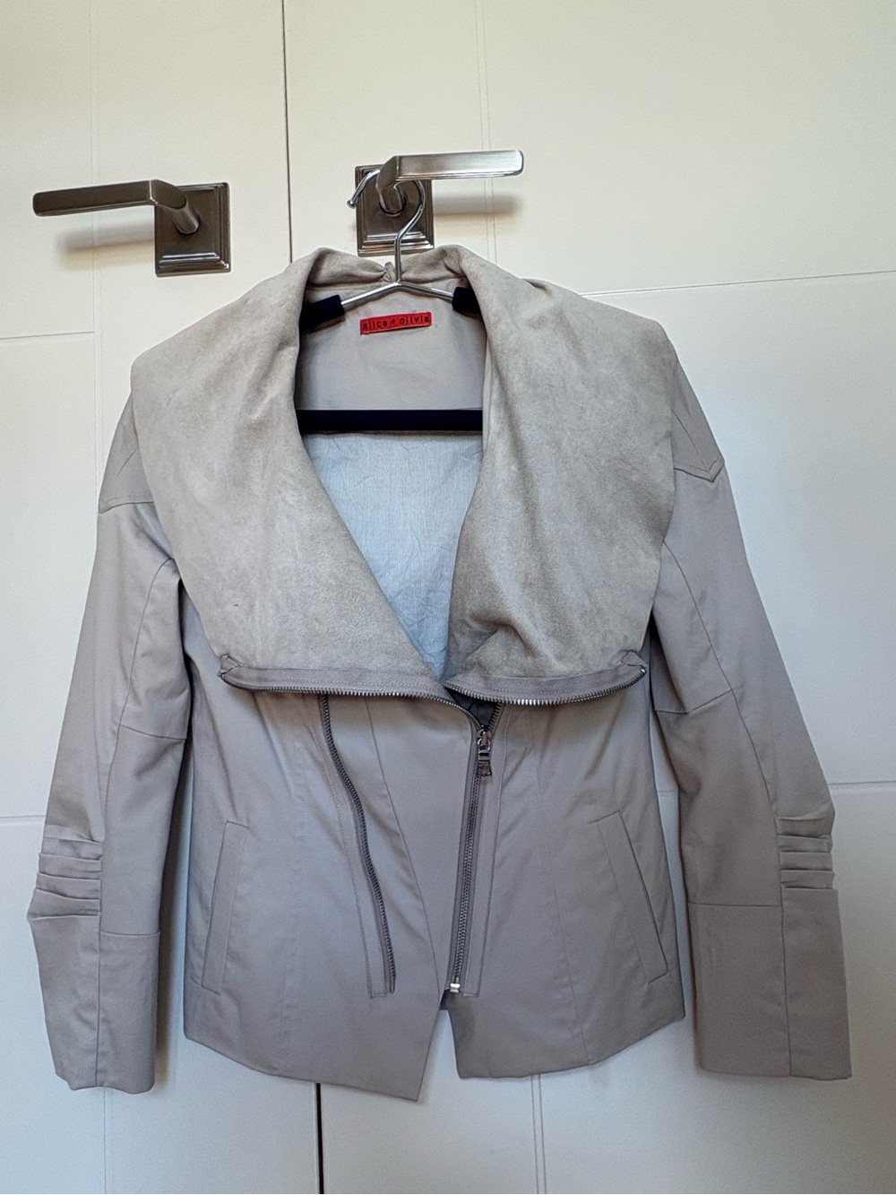 Alice + Olivia Light Gray Leather Jacket with Soft Shawl Collar